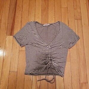 Grey & White Striped Scrunch V-Neck Tie Crop Top Size Small